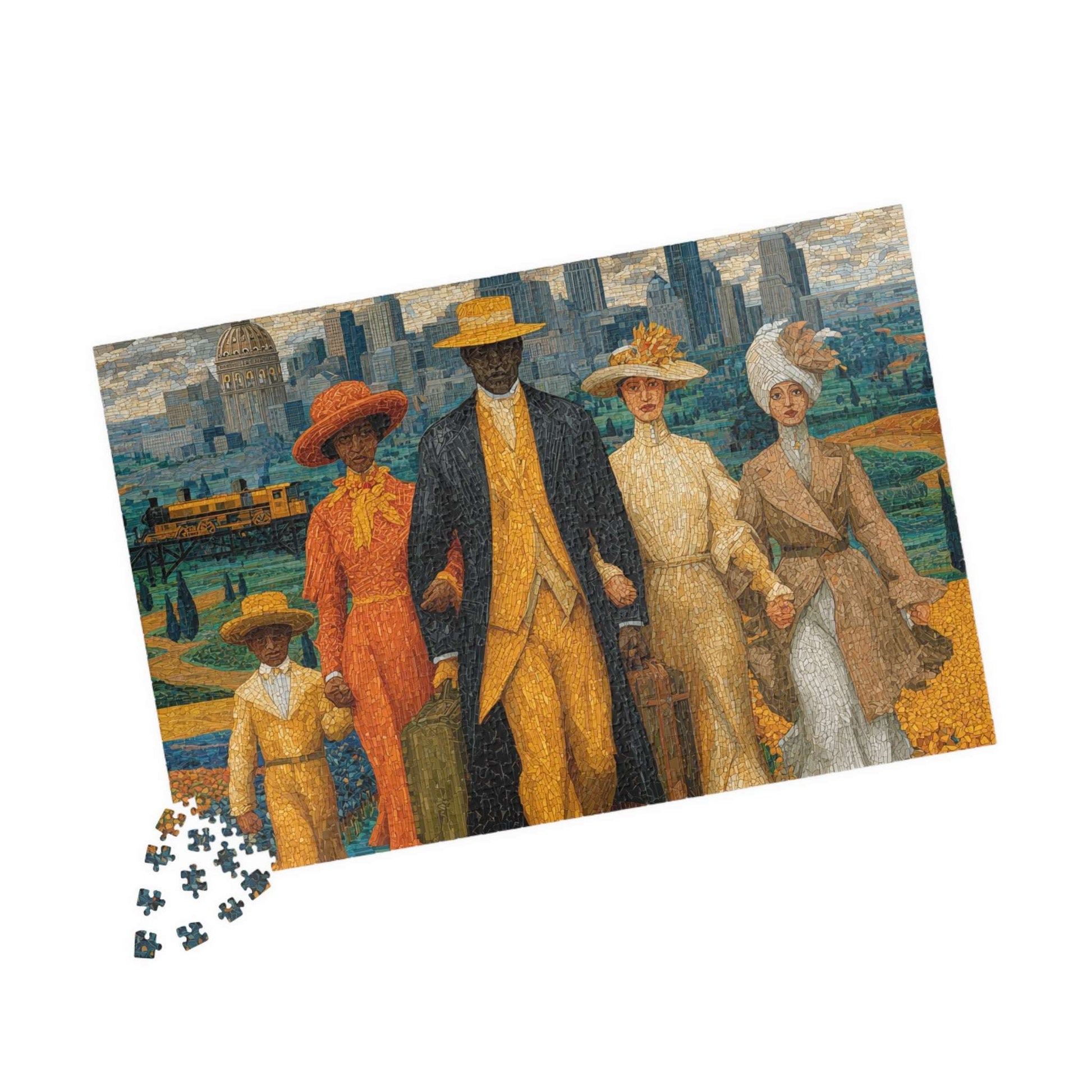 Afrocentric Jigsaw Puzzle - African American Migration Scene with Families, Fields & Urban Background 1014 pcs (Horizontal) Puzzle The Puzzle Chest