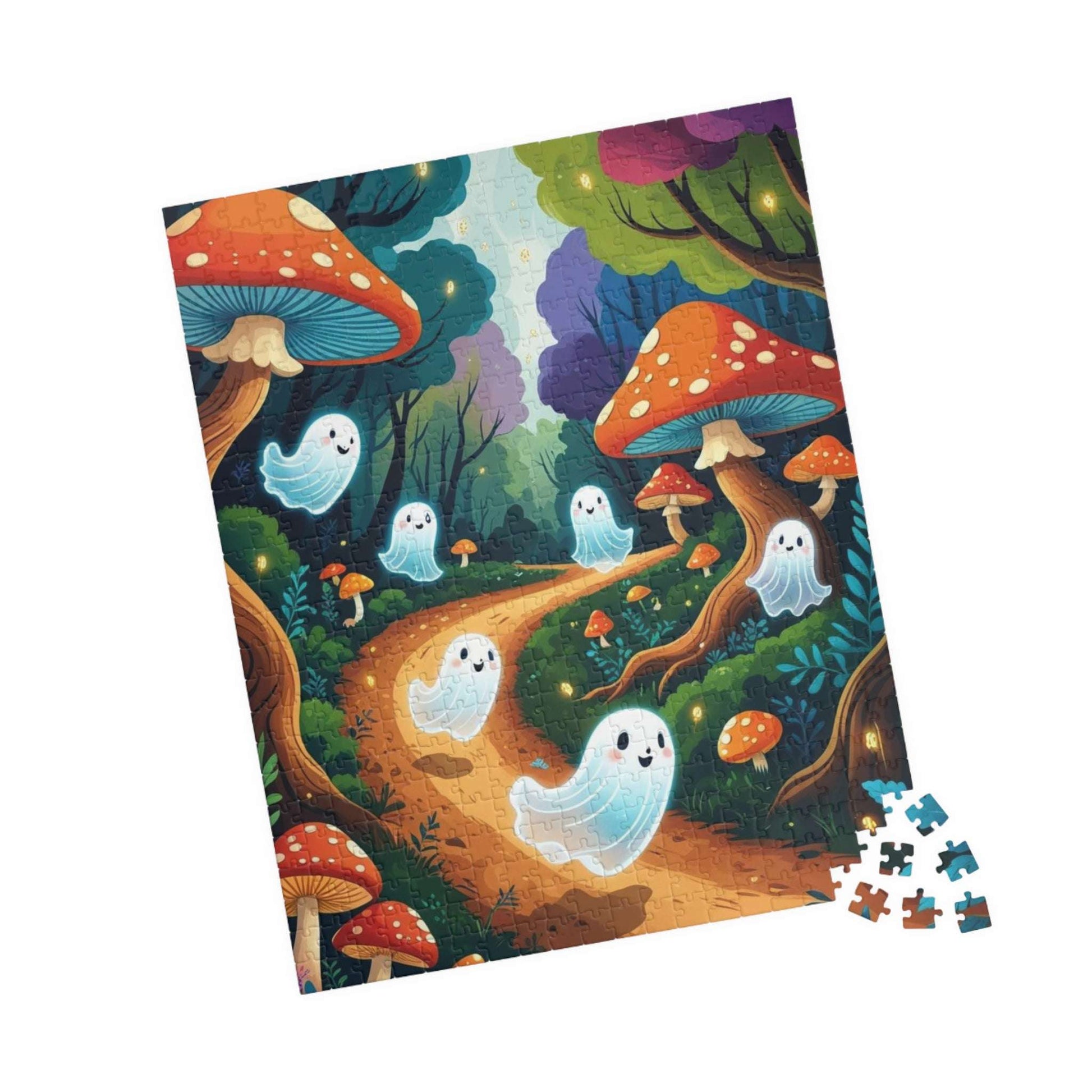 Mystical Forest Ghost Parade Jigsaw Puzzle - Enchanting Ghosts and Mushrooms Halloween Puzzle