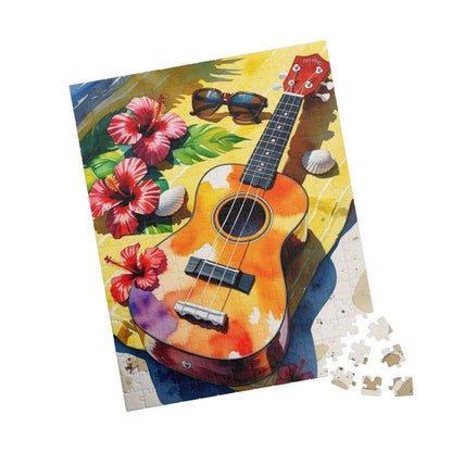 Tropical Beach Ukulele Puzzle with Hibiscus, Seashells, Sunglasses - Summer Gift for Music Lovers, Beach Fans and Relaxing Vacation Vibes