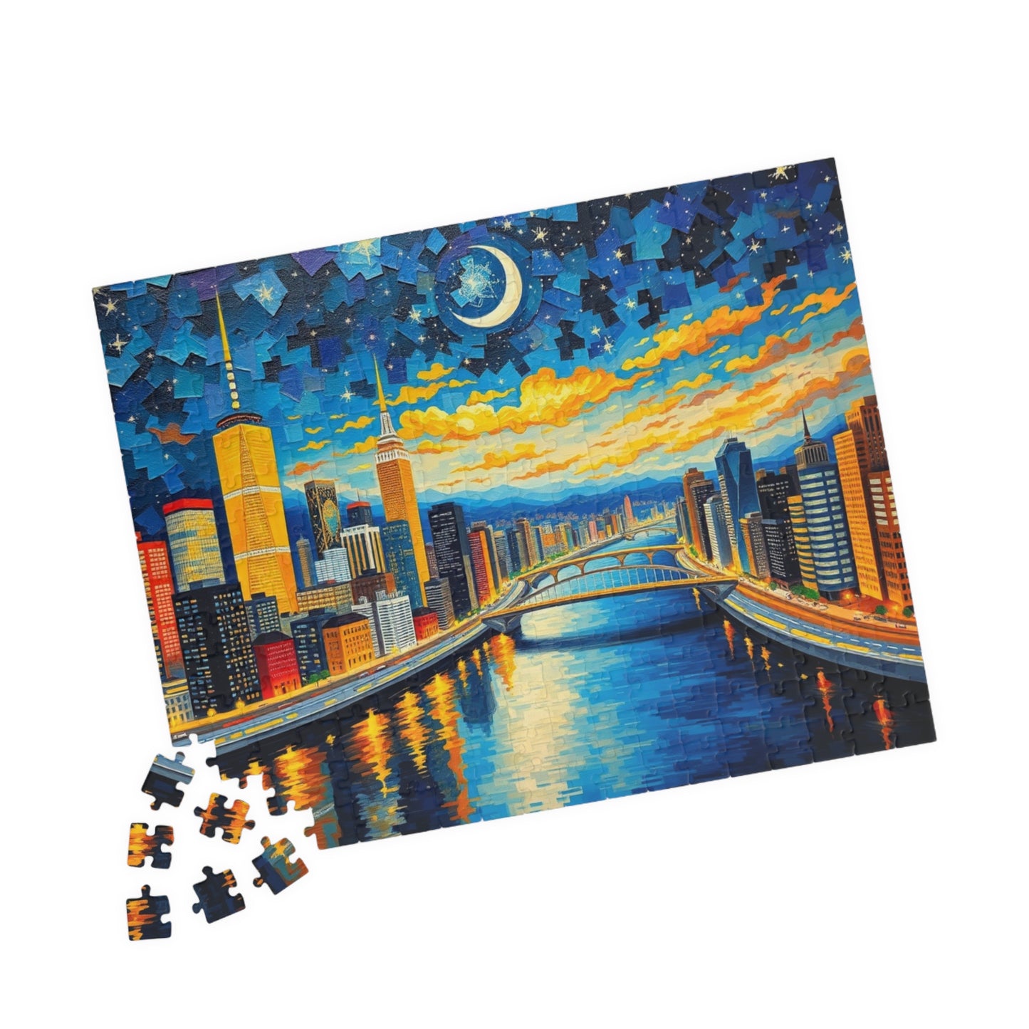 Vibrant City at Night Mosaic Puzzle, Illuminated Skyscraper View, Bustling Urban City Lights Nightscape Jigsaw Game, Fun Family Game Night Puzzle The Puzzle Chest
