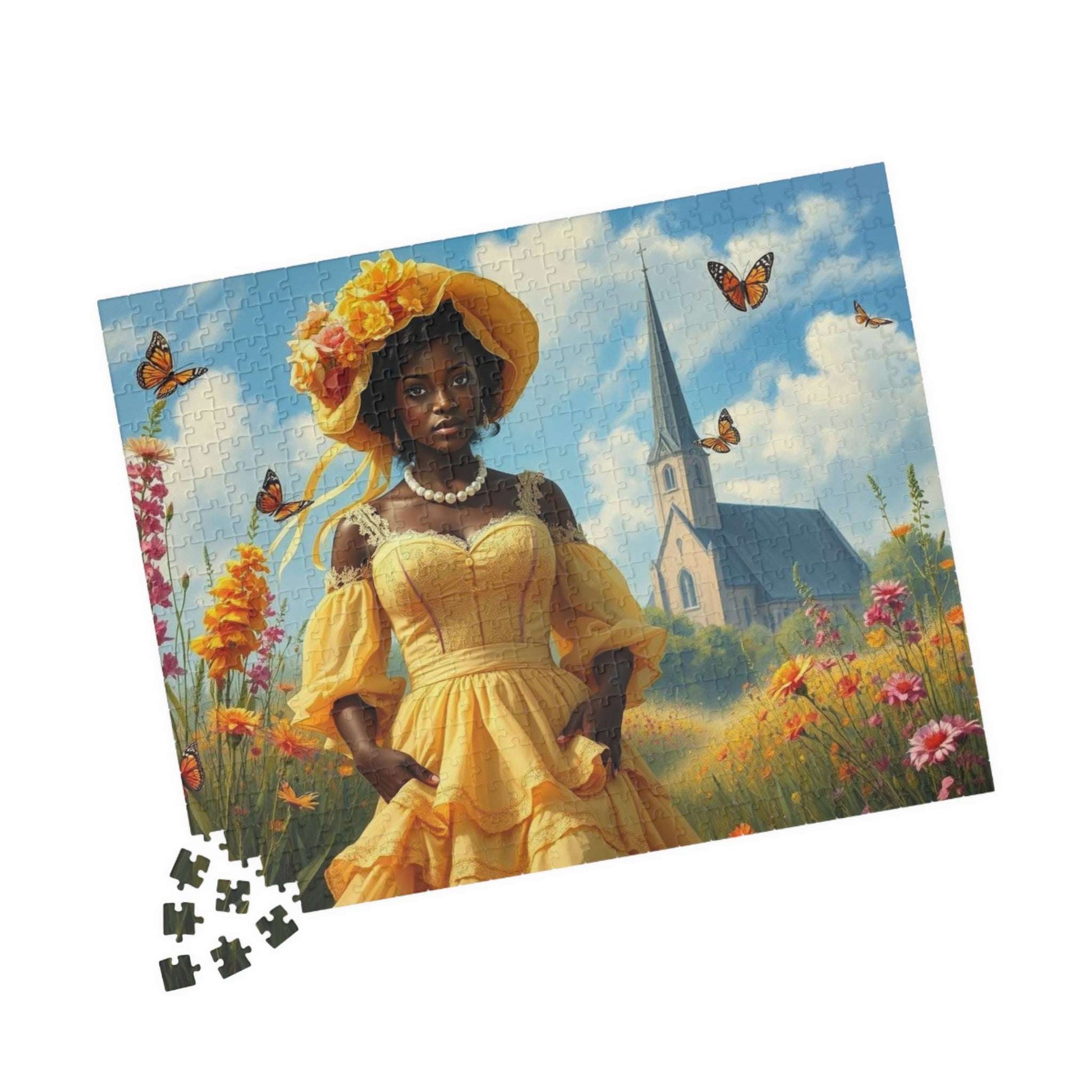 Victorian Puzzle - Black Woman in Ornate 19th-Century Dress in Wildflower Field, Afrocentric Art 520 pcs (Horizontal) Puzzle The Puzzle Chest