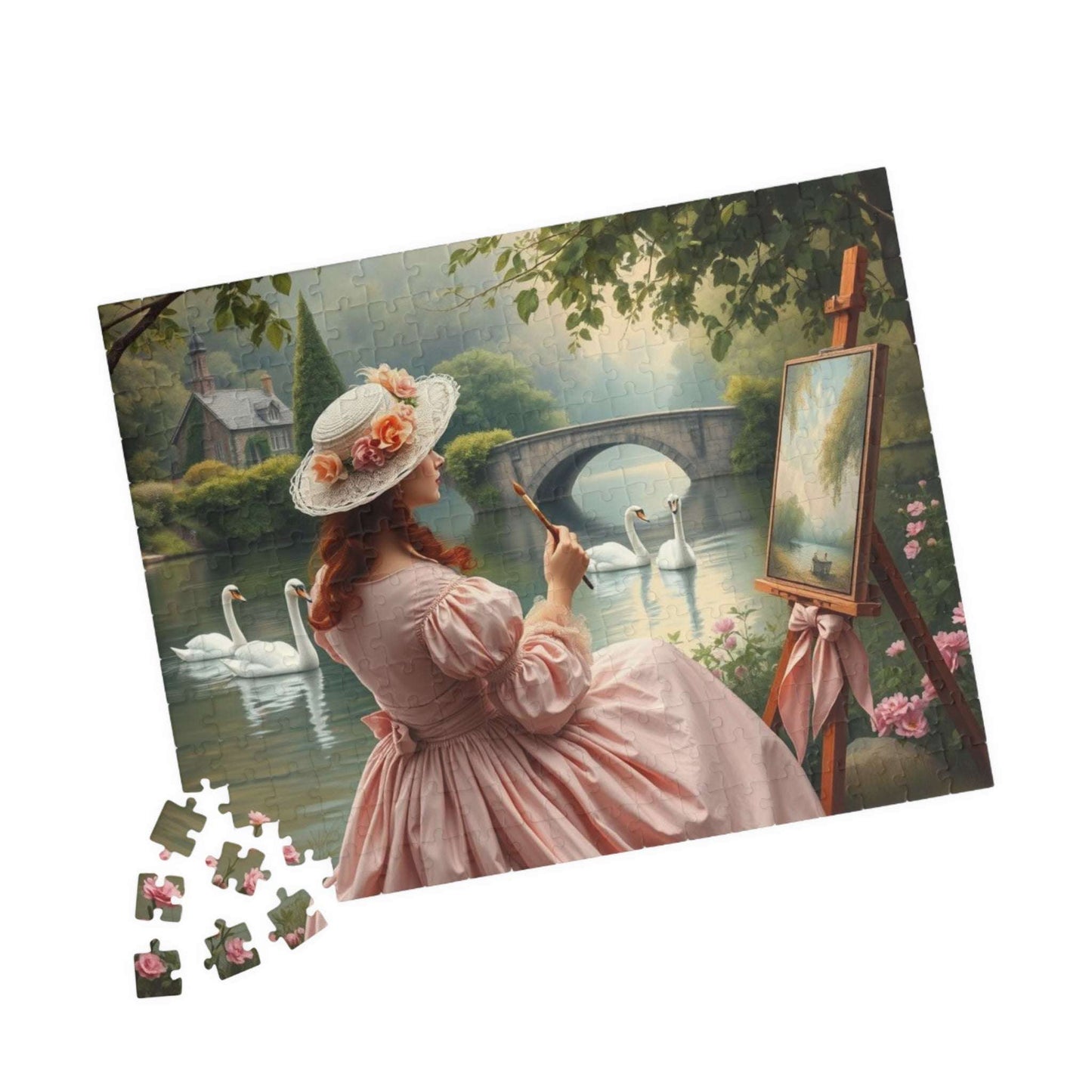 Romantic Lake Painting Jigsaw Puzzle - Victorian Woman, Swans, Stone Bridge & Blossoms, Vintage Style Gift for Art Lover 252 pcs (Horizontal) Puzzle The Puzzle Chest