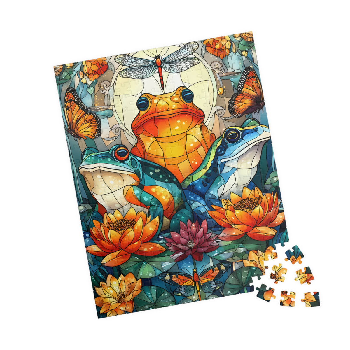 Colorful Frog and Lotus Illustration Puzzle | 110/252/520/1014 Piece Animal Jigsaw 252 pcs (Vertical) Puzzle The Puzzle Chest