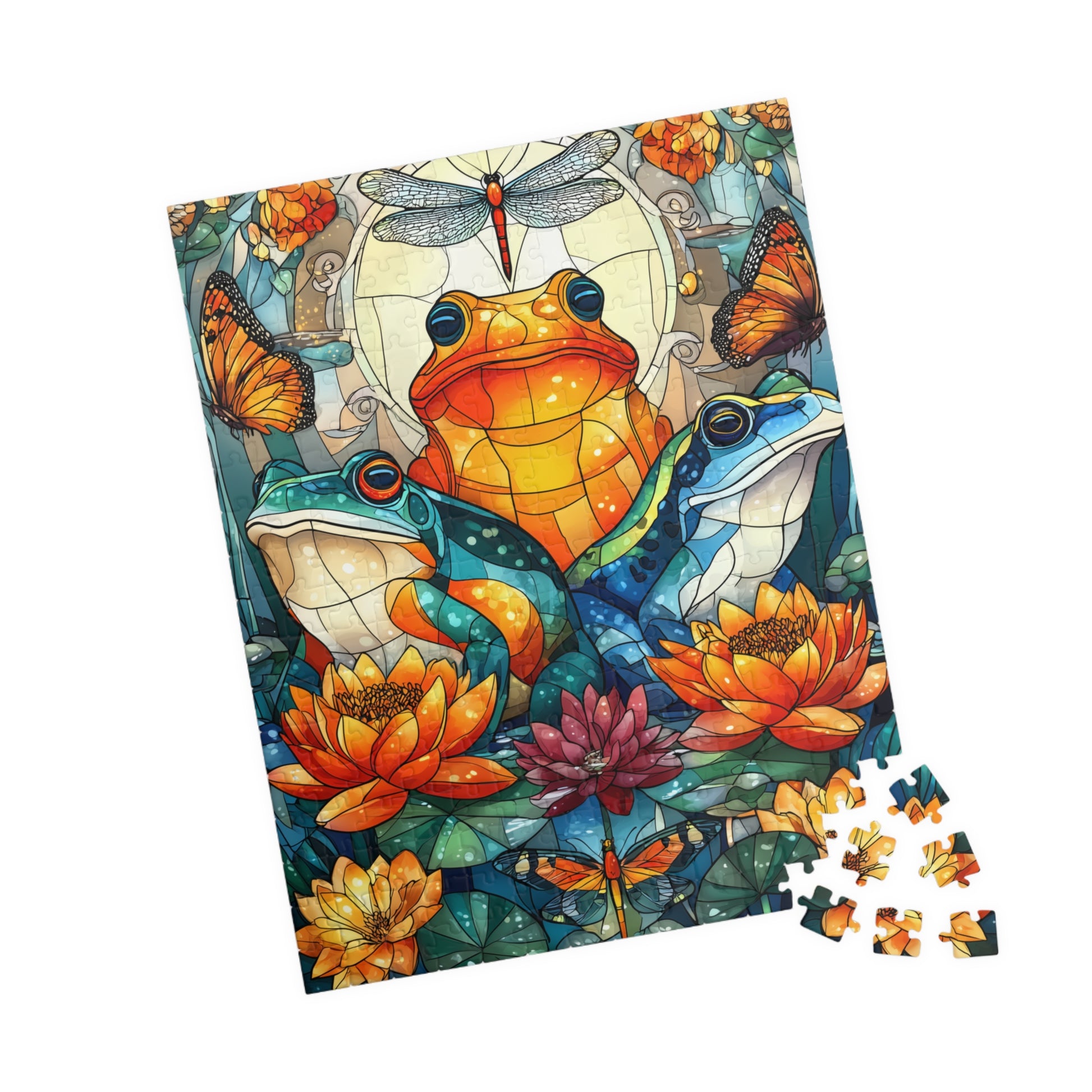 Colorful Frog and Lotus Illustration Puzzle | 110/252/520/1014 Piece Animal Jigsaw 252 pcs (Vertical) Puzzle The Puzzle Chest