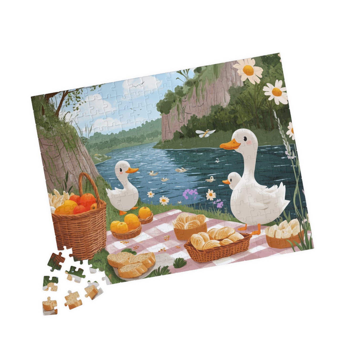 Duck Picnic Jigsaw Puzzle | Scenic Riverbank Farm Animal Illustration 252 pcs (Horizontal) Puzzle The Puzzle Chest