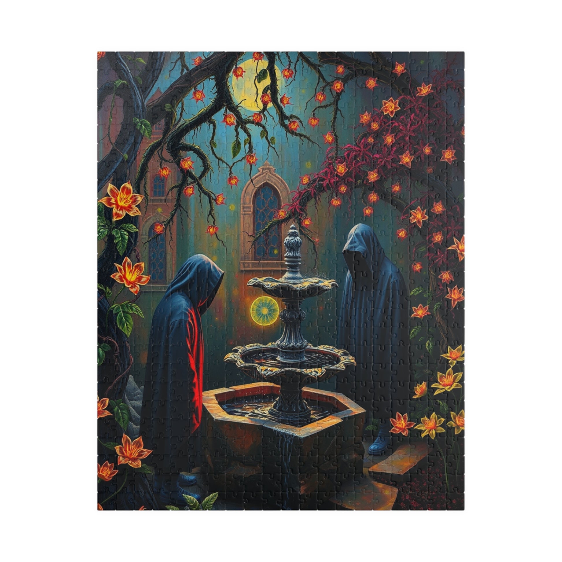 Ghostly Gothic Garden Puzzle, Dark Fantasy Scene with Glowing Flowers and Hooded Figures, Quiet Leisure Staycation Activity for Puzzle Lover 520 pcs (Vertical) Puzzle The Puzzle Chest