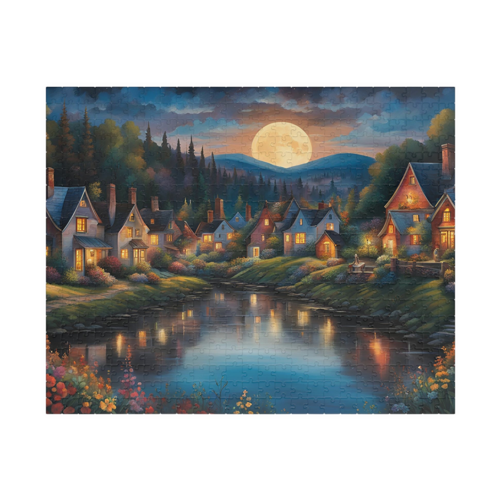 Nighttime Village Landscape Puzzle Gifted, Serene River, Moonlit Backdrop, 520 pcs, Adult, Relaxing Activity, Jigsaw Game, Holiday Present 520 pcs (Horizontal) The Puzzle Chest