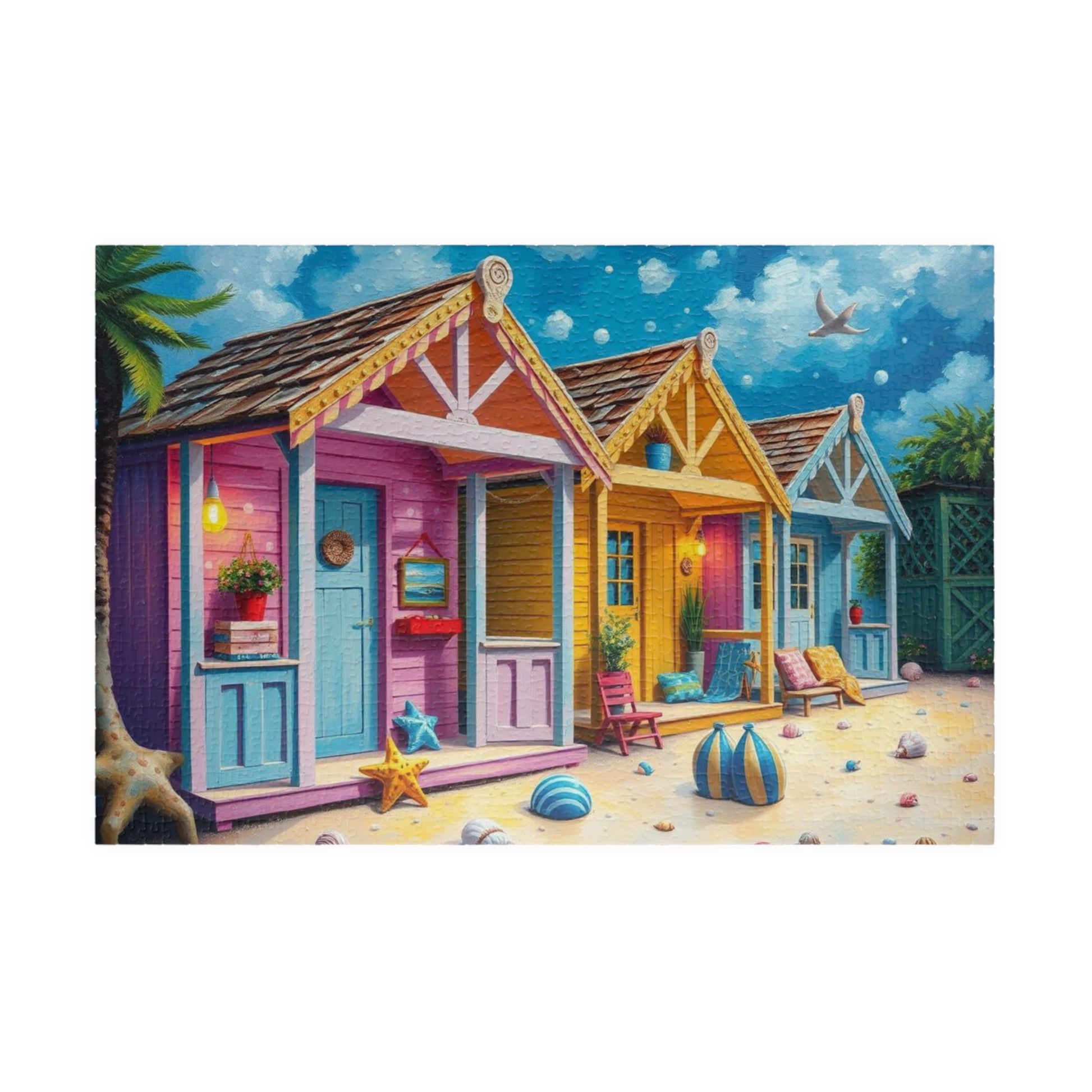 Beach Puzzle with Pastel Huts, Coastal Jigsaw Puzzle for Adult, 110-1014 Pieces Seaside Puzzle Fun Family Game, Friend Gift for Puzzle Lover 1014 pcs (Horizontal) Puzzle The Puzzle Chest