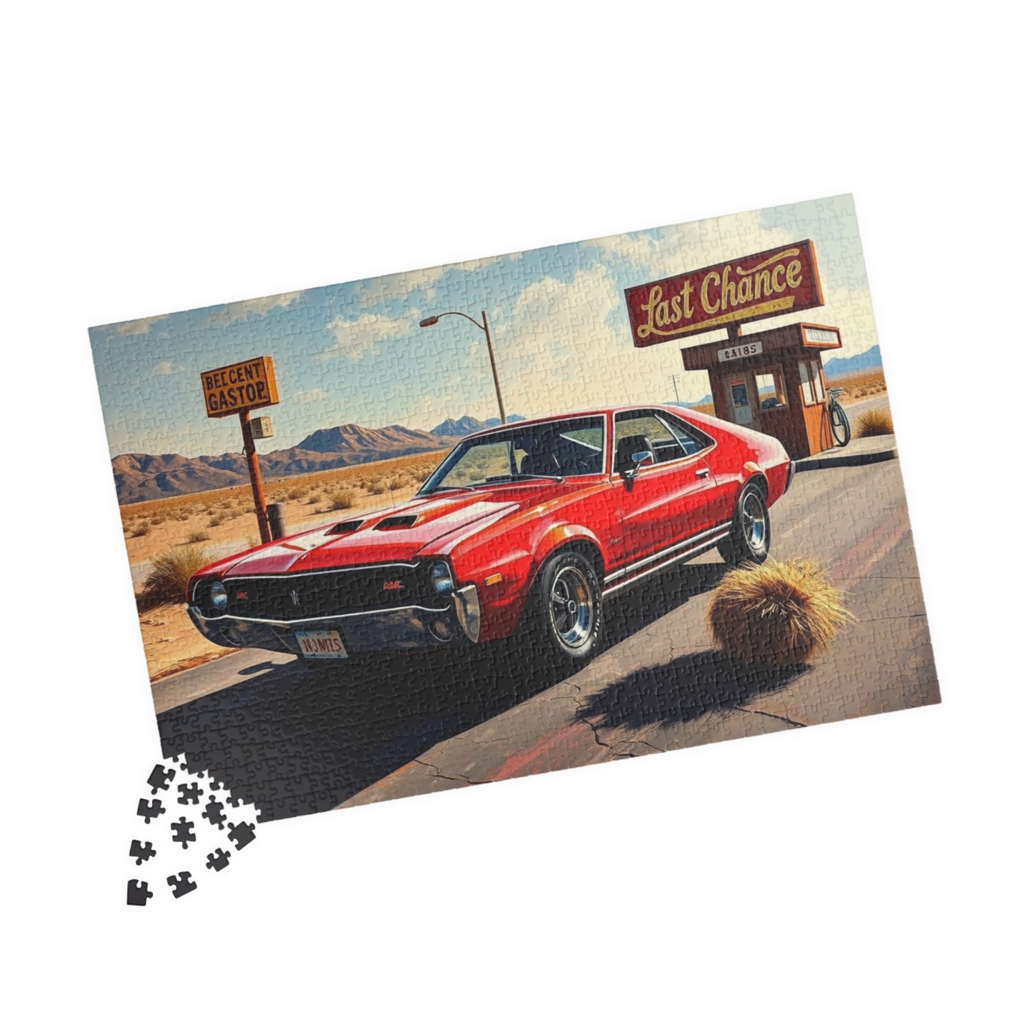 Vintage Car Puzzle, Classic Red 1969 AMC AMX, Desert Setting with Rusty Gas Sign and Tumbleweed, Retro Car Enthusiast Puzzle Lover Gift Puzzle The Puzzle Chest
