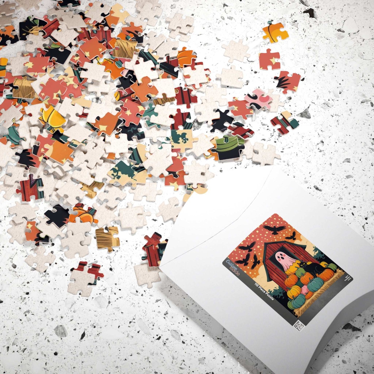 Haunted Barn Halloween Jigsaw Puzzle - Ghost, Cat and Pumpkin Barnyard Scene