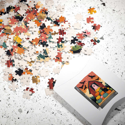 Haunted Barn Halloween Jigsaw Puzzle - Ghost, Cat and Pumpkin Barnyard Scene
