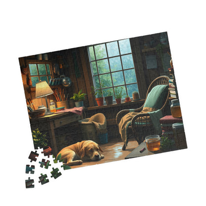 Jigsaw Puzzle, Cozy Garden Workshop Interior with Dog, Hobby Activity, Relaxing Pastime, Indoor Entertainment, Mindful Meditation, Stress