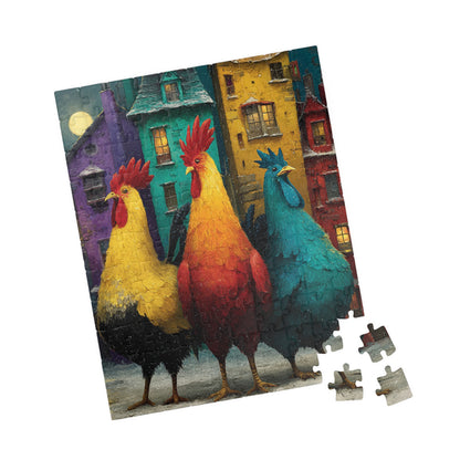 Moonlit Roosters in a Snowy Village Jigsaw Puzzle - Chickens and Colorful Crooked Houses 110 pcs (Vertical) Puzzle The Puzzle Chest