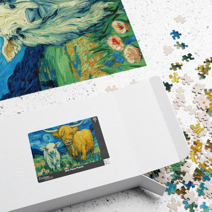 Highland Cow and Calf Puzzle 110/252/520/1014-piece | Van Gogh Starry Sky Style Jigsaw Puzzle The Puzzle Chest