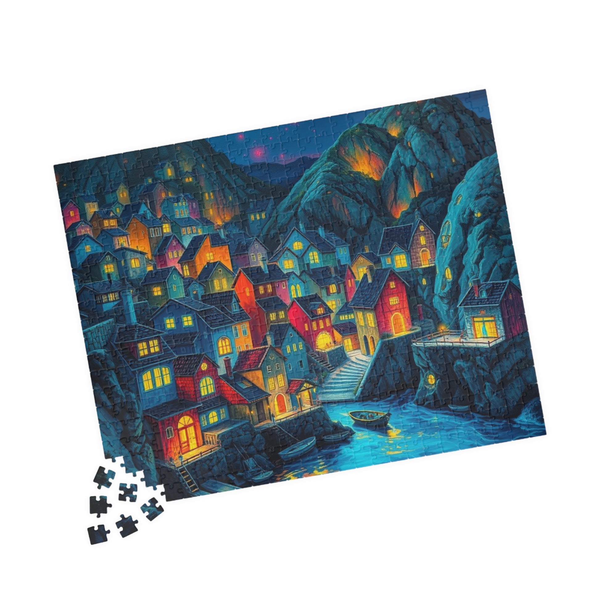 Bioluminescent 3D Village Jigsaw Puzzle for Adults, Cinematic Style with Glowing Colors and Dramatic Town Scene, Ideal Gift for Puzzle Fan The Puzzle Chest