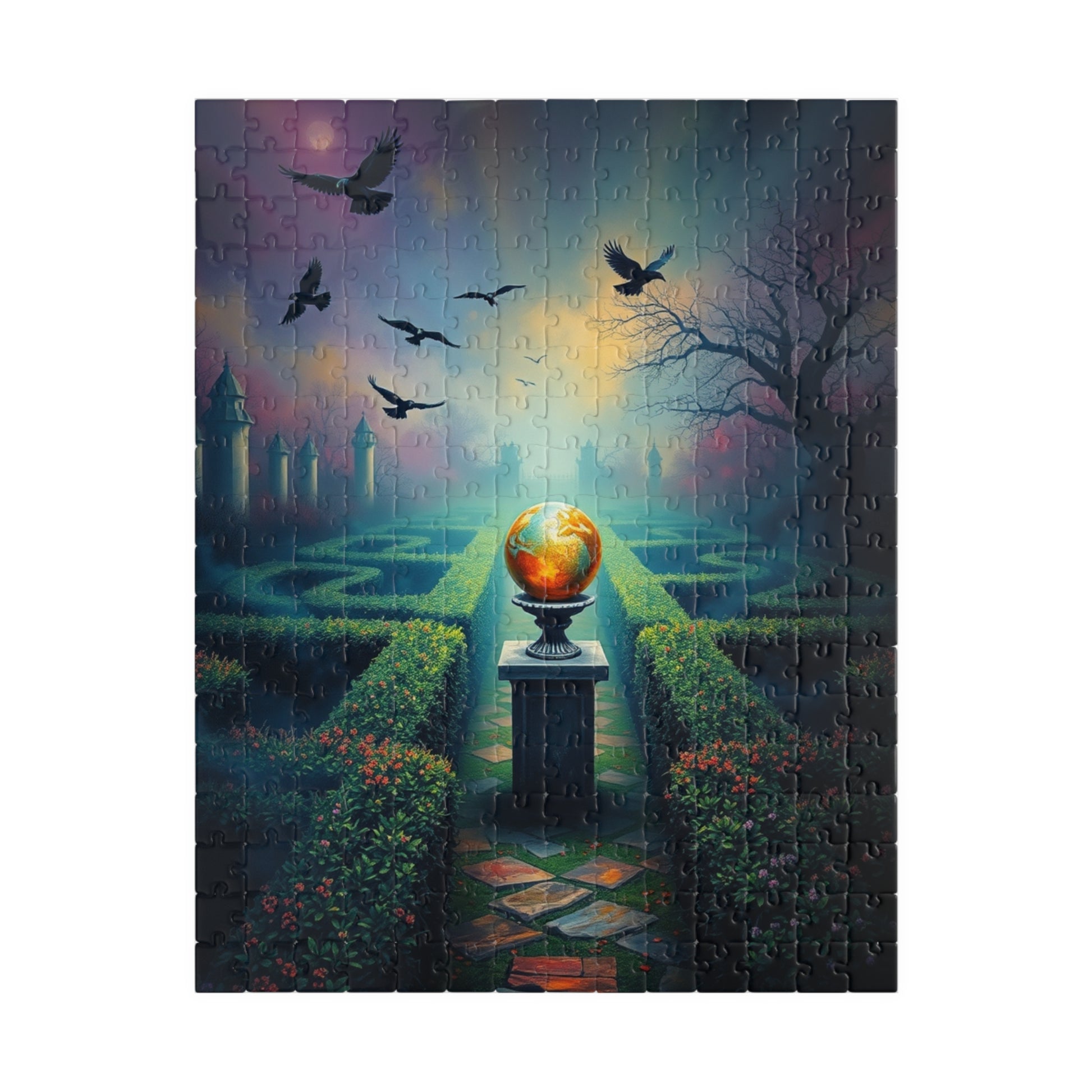 Gothic Garden Maze Puzzle, Mystical Scene with Glowing Orbs Crows and Fog, Magical Dark Art Jigsaw Game, Gift for Gothic-Themed Enthusiast 252 pcs (Vertical) Puzzle The Puzzle Chest