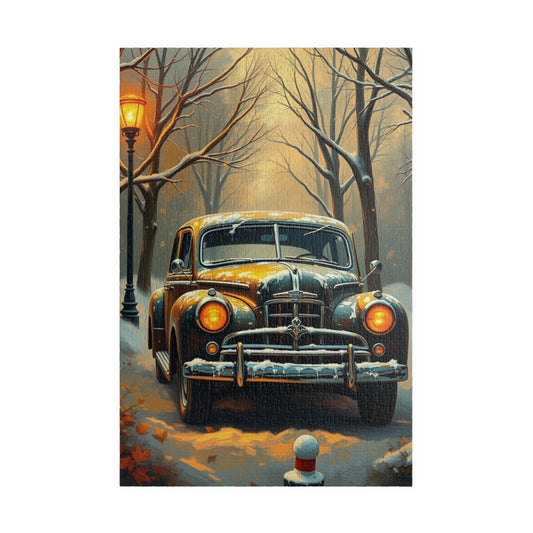 Vintage Car Jigsaw Puzzle Winter Scene, 110 252 520 1014-piece, Christmas Gift, Holiday Activity, Snowy Day Activity, Car Lover Gift, Retro
