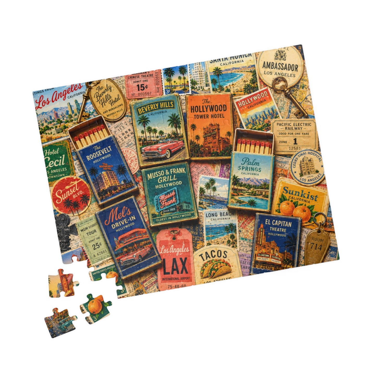 Vintage Los Angeles Matchbook Puzzle | Hollywood Memorabilia Jigsaw | California Landmark Retro LA Nostalgia