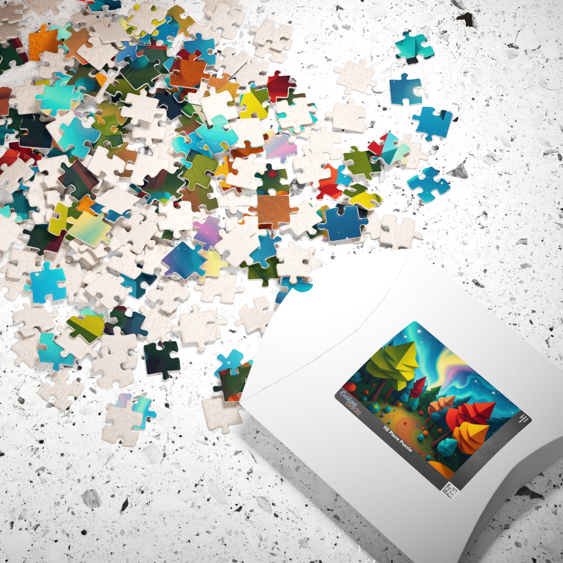 Abstract Landscape Jigsaw Puzzle, Magical Forest with Geometric Trees Aurora Sky, Challenging Game for Mental Exercise, Puzzle Lover Gift Puzzle The Puzzle Chest