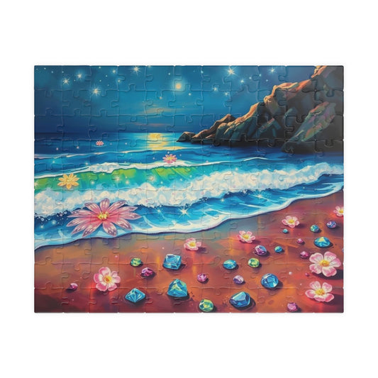 Lotus Shoreline Dreams - Surreal Beach Jigsaw Puzzle with Gems and Water Lilies, Gift for Ocean Lover, Coastal Home Décor, Family Activity 110 pcs (Horizontal) Puzzle The Puzzle Chest