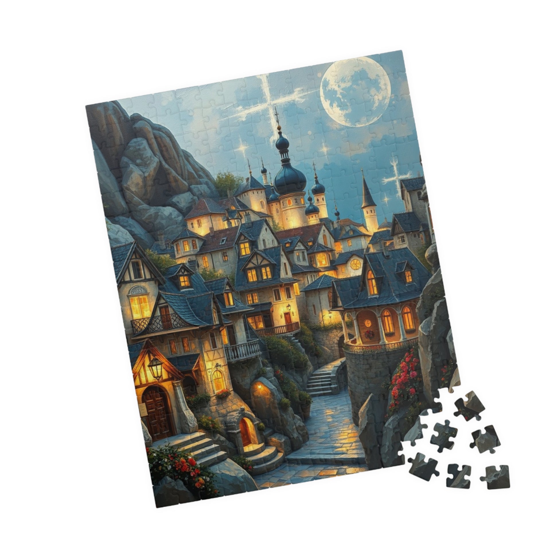 Mountain Village Puzzle, Elegant Moonlite Town Adult Jigsaw Game, Relaxing Indoor Hobby, Solo Activity, Family Fun, Holiday Birthday Gift The Puzzle Chest