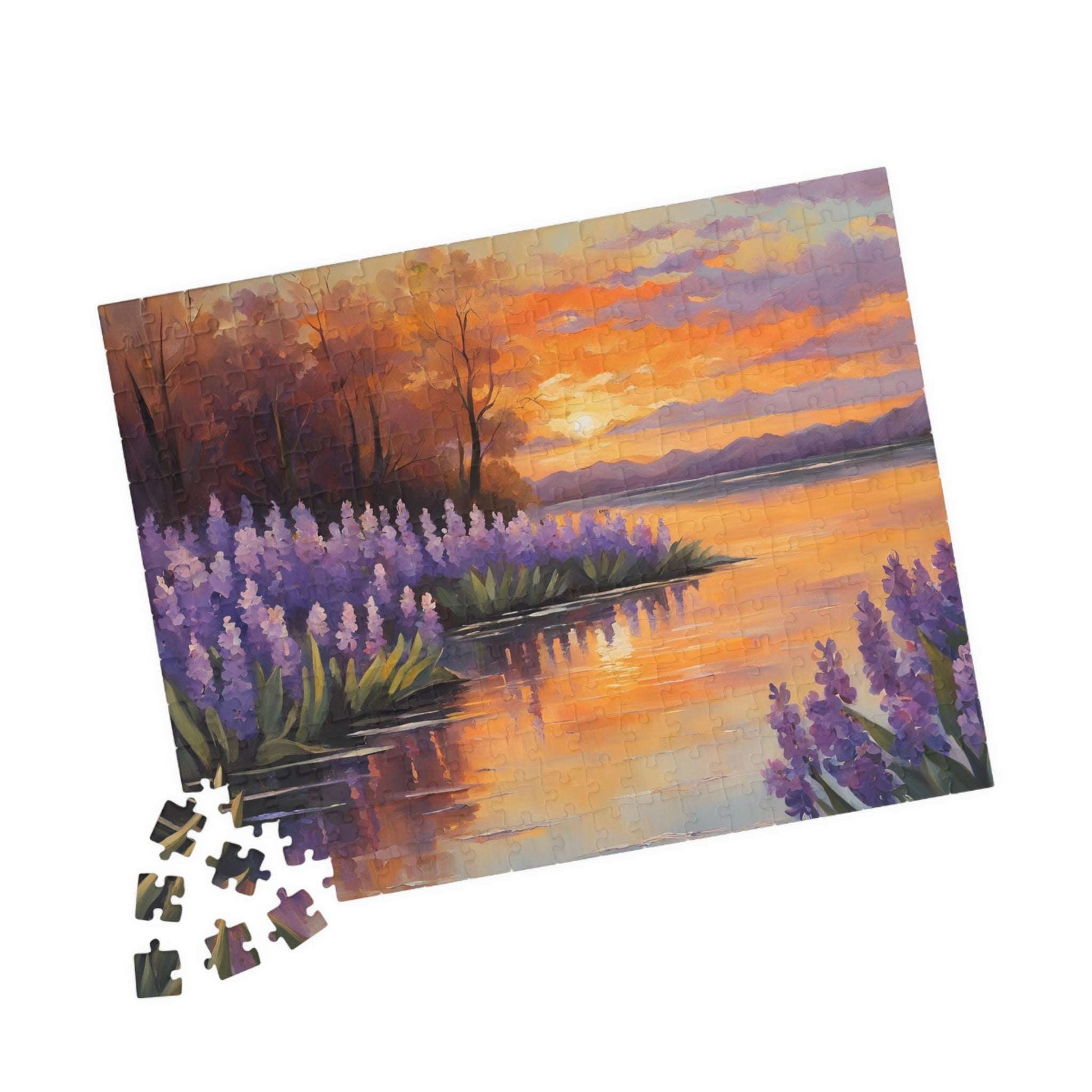 Jigsaw Puzzle, Peaceful Lakeside with Hyacinths Blooming, Sunset Reflection, 110 252 520 1014-piece, Relaxing Activity, Mindfulness Gift Puzzle The Puzzle Chest