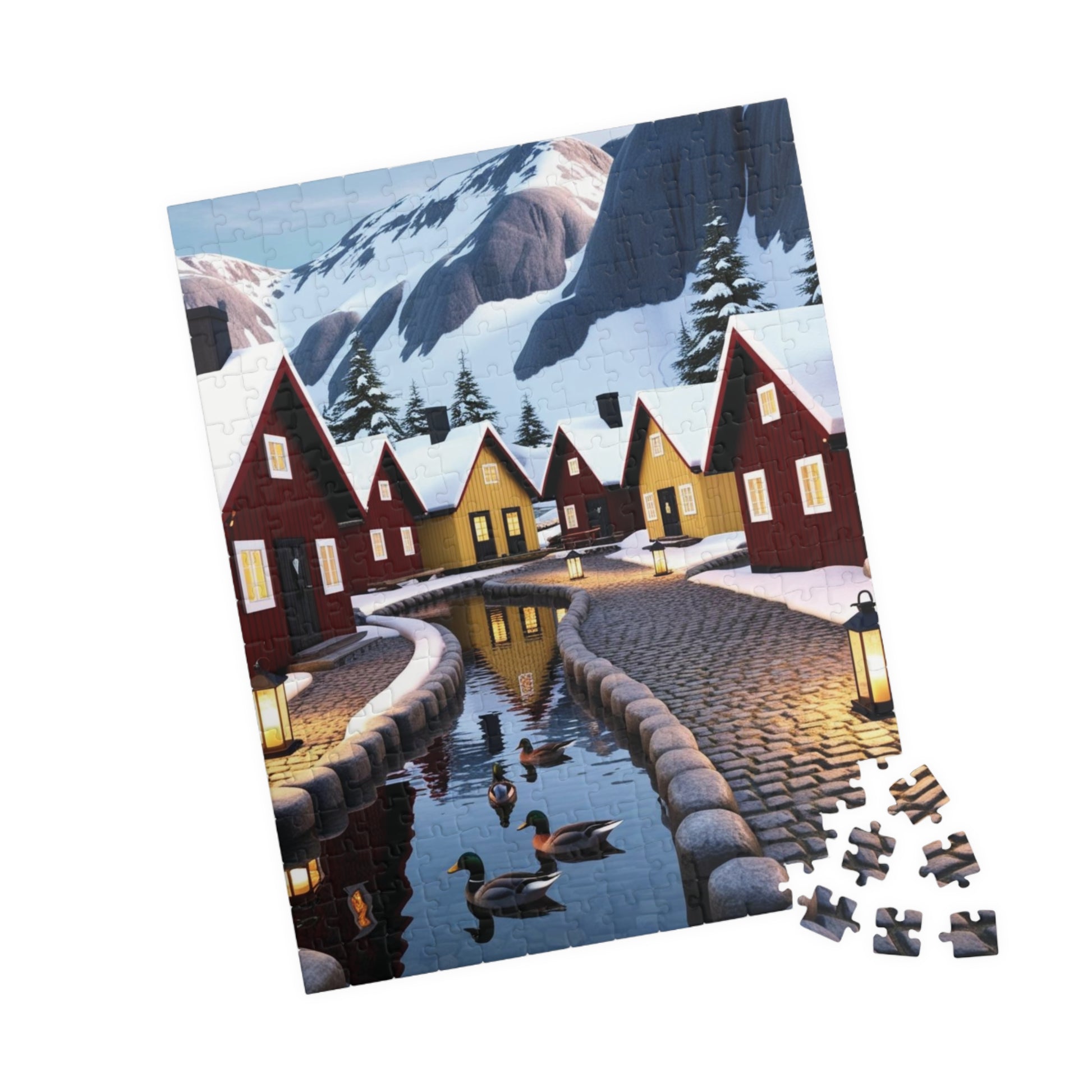 Nordic Village Jigsaw Puzzle - Winter Scene, Snowy Peaks, Red Yellow Cottages, Fun Family Activity, Christmas Holiday The Puzzle Chest