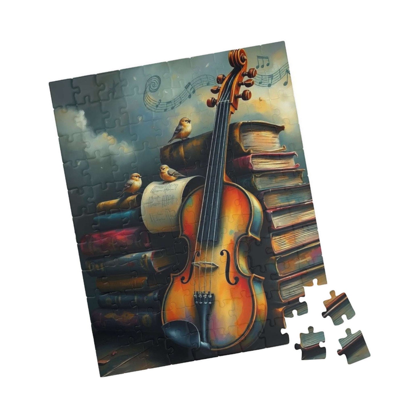 Violin and Storybooks Jigsaw Puzzle with Birds and Music Notes - Gift for Musician, Book Lover, or Teacher, Musical Instrument Puzzle
