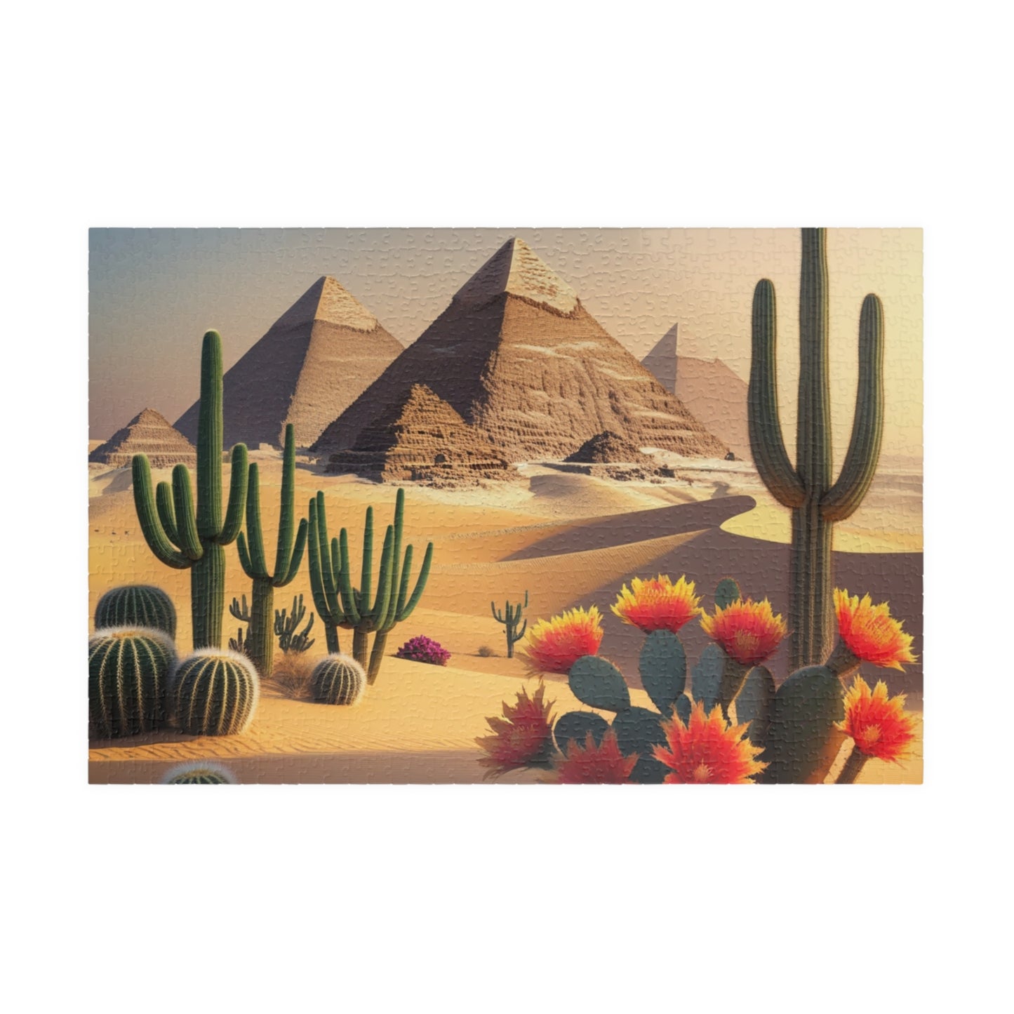 Pyramids of Giza Jigsaw Puzzle, Desert Landscape Cacti Prickly Pears Red Flowers, 110 252 520 1014-piece, Fun Egyptian Travel Hobby, Ancient 1014 pcs (Horizontal) Puzzle The Puzzle Chest