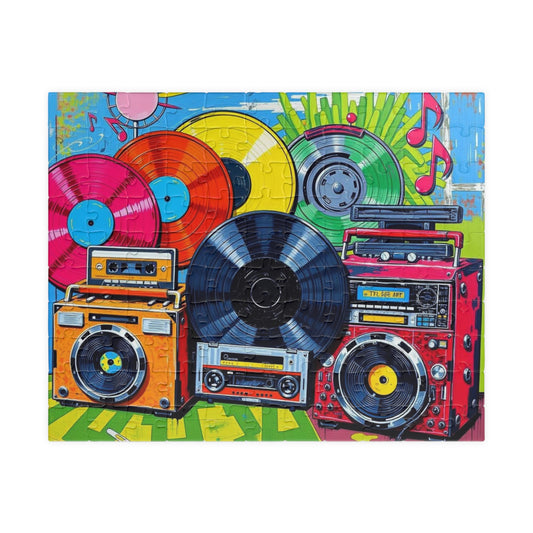 Retro Music Puzzle - Nostalgic Vinyls and Boomboxes Pop Art Jigsaw Game - Fun Family Activity, Gift for Music Lovers, Game Night 110 pcs (Horizontal) Puzzle The Puzzle Chest