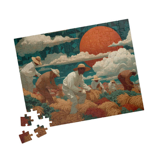 Afrocentric Black Art Jigsaw Puzzle - Sharecroppers in Golden Fields with Quilt-Pattern Sky 110 pcs (Horizontal) Puzzle The Puzzle Chest