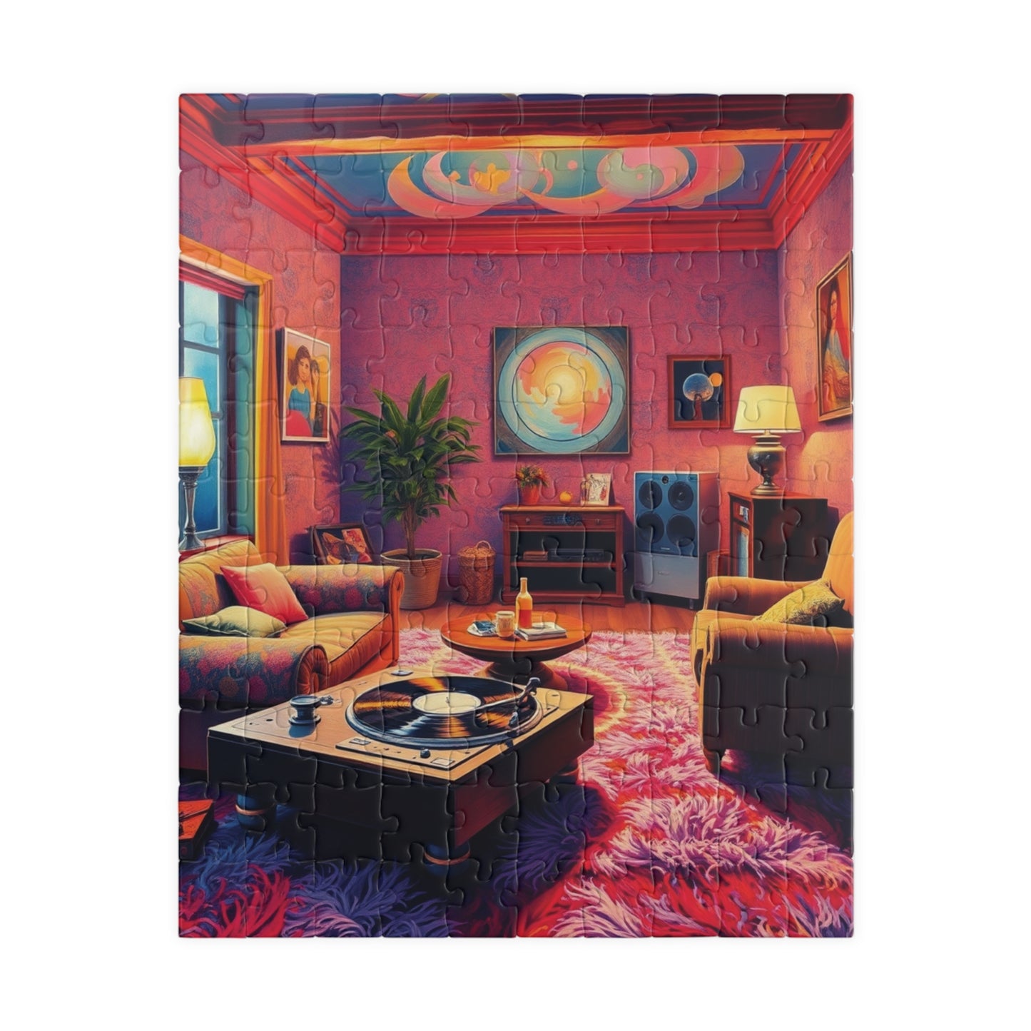 1970s Throwback Living Room Jigsaw Puzzle, Nostalgic Design: Turntable Lava Lamp Shag Rug Groovy Wallpaper, Quiet Pastime, Puzzle Lover Gift