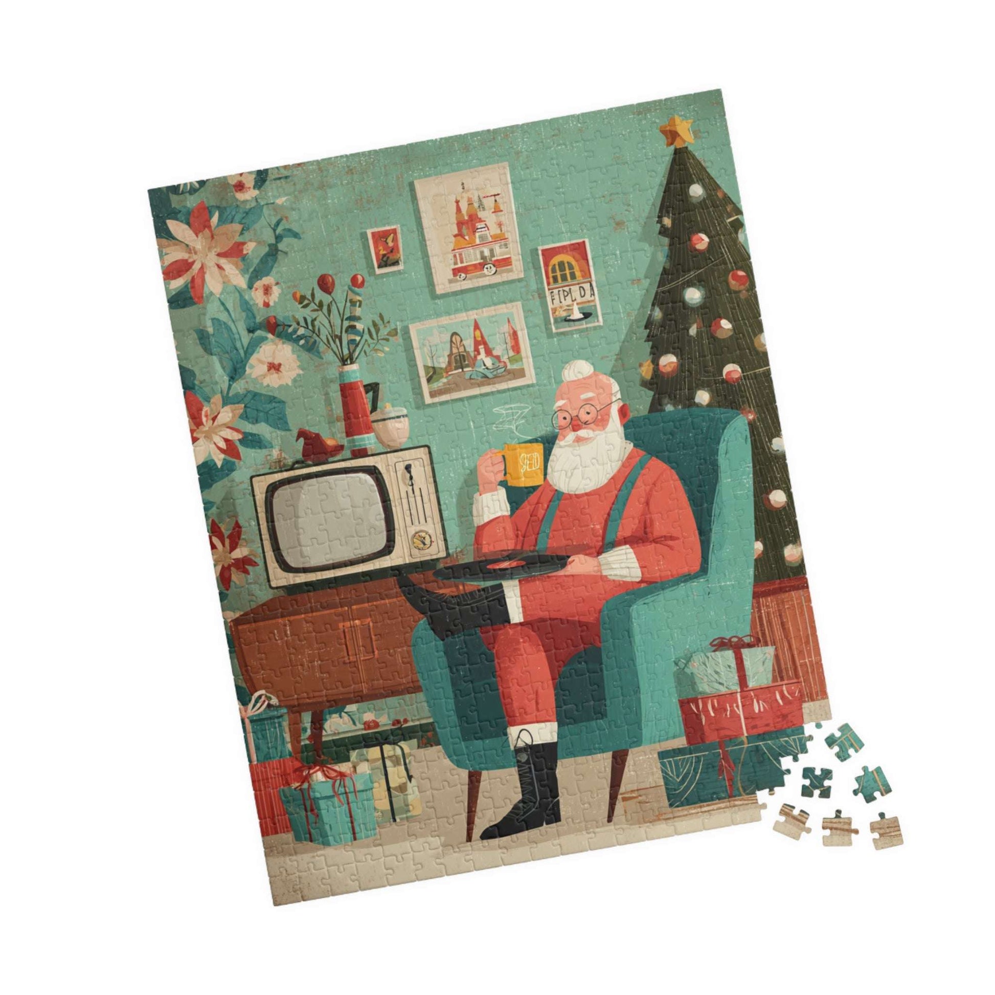 Christmas Puzzle - Santa's Cozy Livingroom Jigsaw, Retro Cartoon Illustration 520 pcs (Vertical) Puzzle The Puzzle Chest