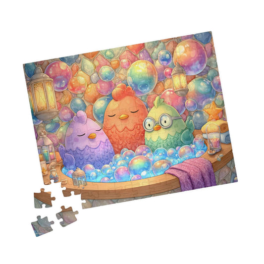 Pastel Bubble Chicken Puzzle – Whimsical Chickens in Rainbow Bubble Bath, Fairy-Tale Farm Animal Jigsaw Puzzle 110 pcs (Horizontal) Puzzle The Puzzle Chest