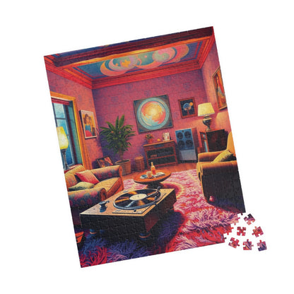 1970s Throwback Living Room Jigsaw Puzzle, Nostalgic Design: Turntable Lava Lamp Shag Rug Groovy Wallpaper, Quiet Pastime, Puzzle Lover Gift