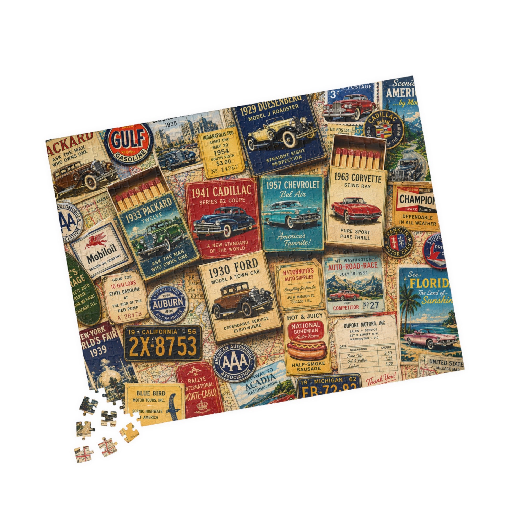 Vintage Car Matchbook Puzzle | Classic Automobile Memorabilia Jigsaw | Retro Road Trip Americana Motor Nostalgia 520 pcs (Horizontal) Puzzle The Puzzle Chest