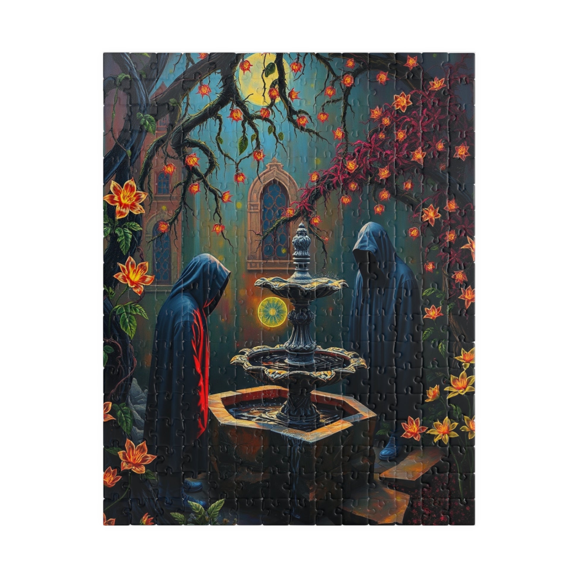 Ghostly Gothic Garden Puzzle, Dark Fantasy Scene with Glowing Flowers and Hooded Figures, Quiet Leisure Staycation Activity for Puzzle Lover 252 pcs (Vertical) Puzzle The Puzzle Chest