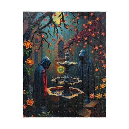 Ghostly Gothic Garden Puzzle, Dark Fantasy Scene with Glowing Flowers and Hooded Figures, Quiet Leisure Staycation Activity for Puzzle Lover 252 pcs (Vertical) Puzzle The Puzzle Chest