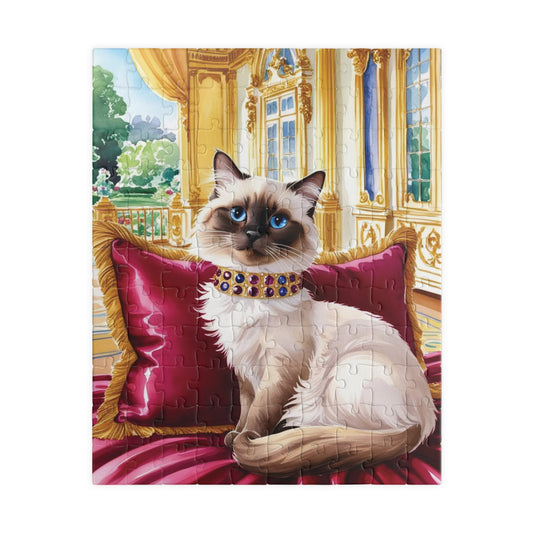 Jigsaw Puzzle - Siamese Cat with Jeweled Collar, Opulent Palace Room, Animal Puzzle, Relaxing Cat Puzzle, Silk Pillow Puzzle, Cat Lover Gift 110 pcs (Vertical) Puzzle The Puzzle Chest