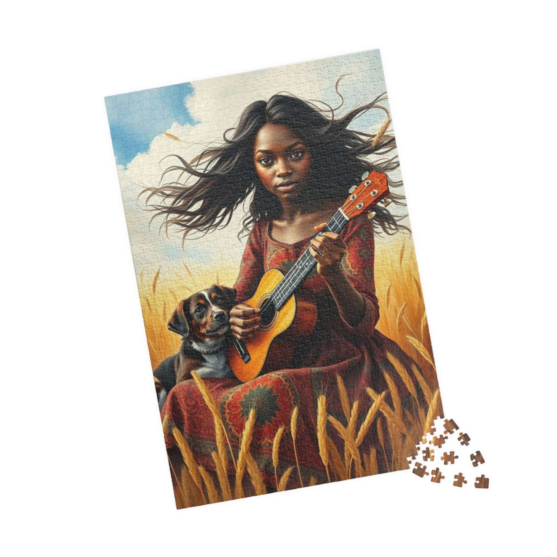 Wheat Field Ukulele Serenade Jigsaw Puzzle - Black Woman Art, Afrocentric Art, African American Musician 1014 pcs (Vertical) Puzzle The Puzzle Chest