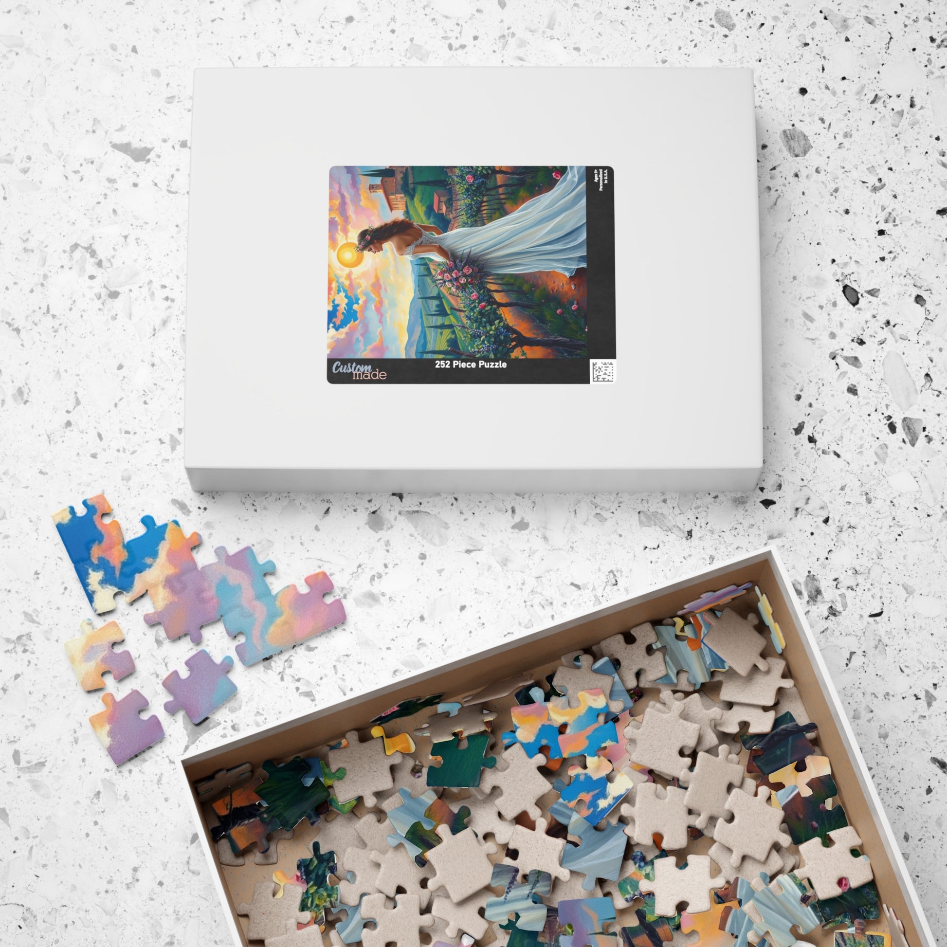 Whimsical Italian Bride Jigsaw Puzzle, White Gown Floral Crown Rose Bouquet, Tuscan Vineyard Romantic Wedding, Modern Art Lover Unique Gift Puzzle The Puzzle Chest