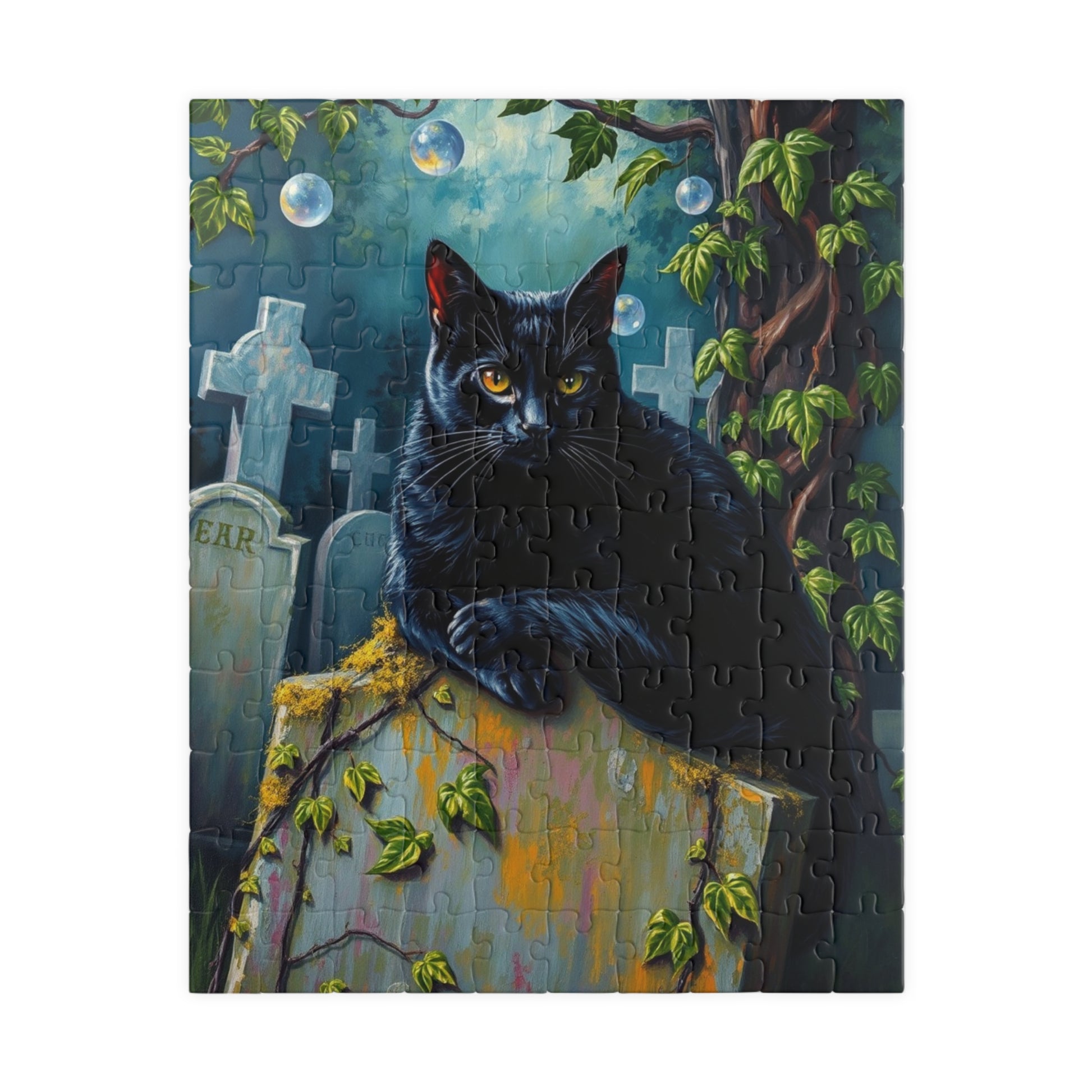 Gothic Puzzle, Black Cat Rests on Moss-Covered Tombstone, Eerie Atmosphere, Halloween Jigsaw Game, Spooky Home Decor, Creepy Cat Lover Gift 110 pcs (Vertical) Puzzle The Puzzle Chest
