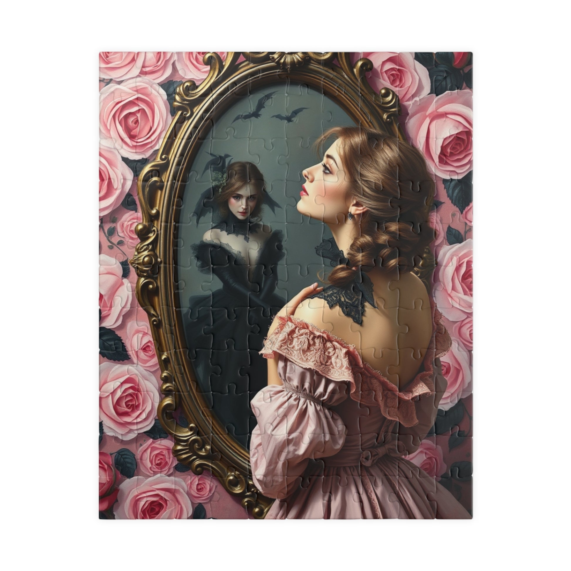 Dark Romance Gothic Puzzle, Victorian Woman and Floral Mirror Transformation Scene, Fantasy Fairytale Jigsaw Game for Adults, Unique Gift 110 pcs (Vertical) Puzzle The Puzzle Chest