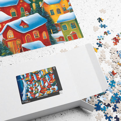 Colorful Winter Village Jigsaw Puzzle, 1000-Piece, Snow Capped Roofs, Red Green Blue Yellow, Charming Houses, Unique Art for Puzzle Lover