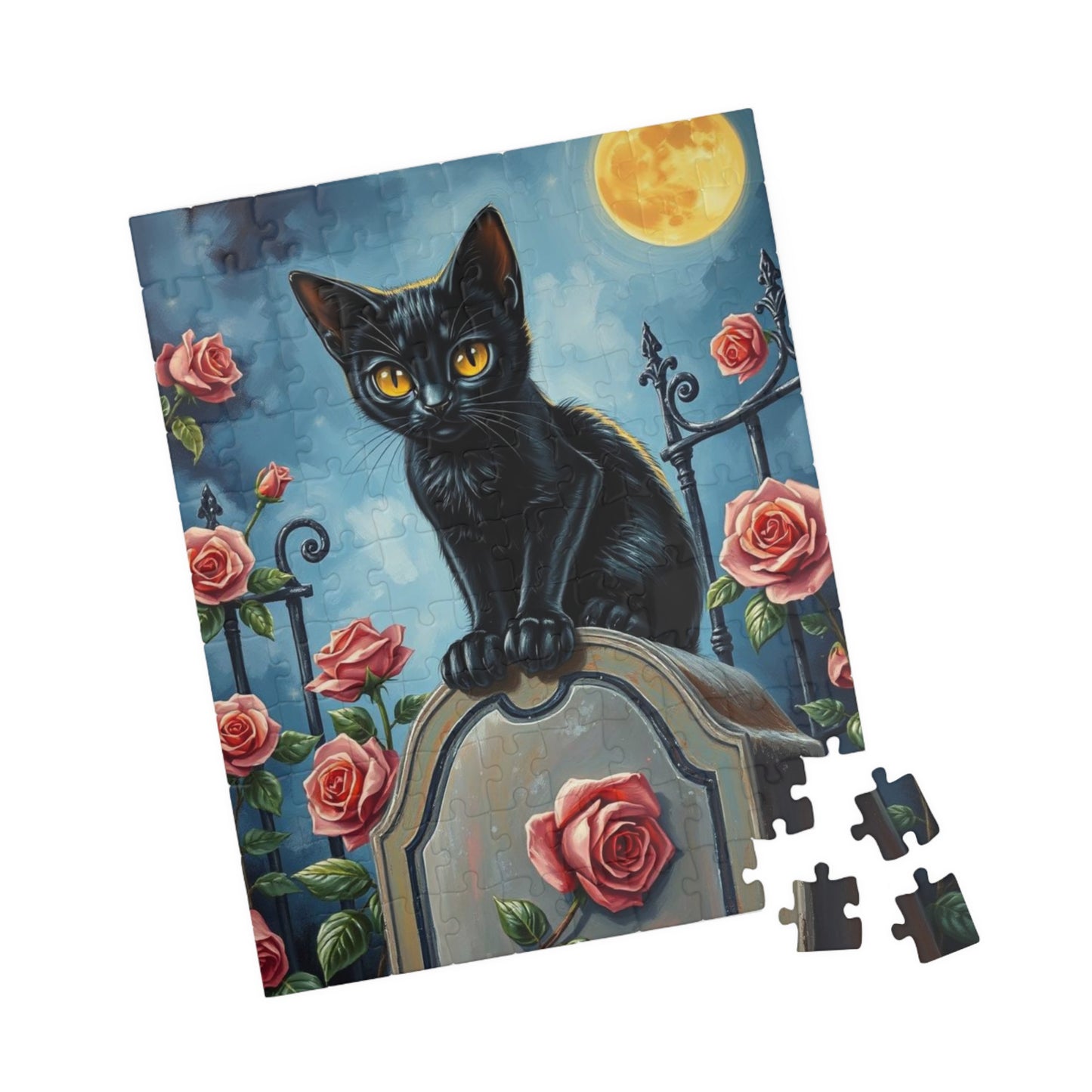 Graveyard Night Stalker Jigsaw Puzzle - Black Cat on Moonlight Gravestone, Halloween Game, Gift for Cat Lover, Challenging Family Activity