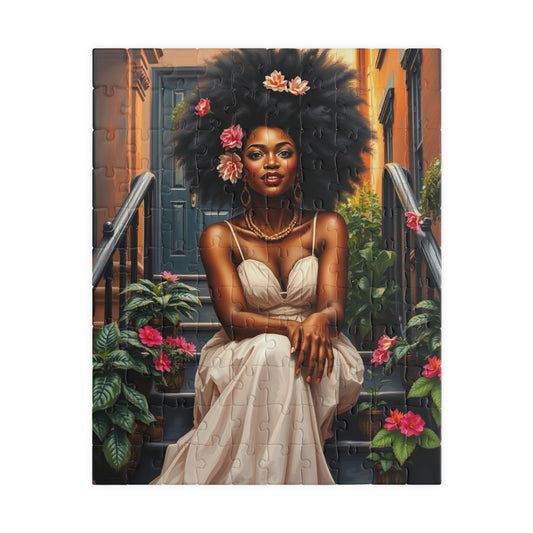 Artistic Jigsaw Puzzle: Beautiful Black Woman with Flowers, Perfect Afrocentric Gift for Puzzle Lovers, Relaxing Activity, Fun Family Game