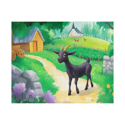 Black Goat Illustration Puzzle | Countryside Farm Scene Jigsaw Puzzle The Puzzle Chest