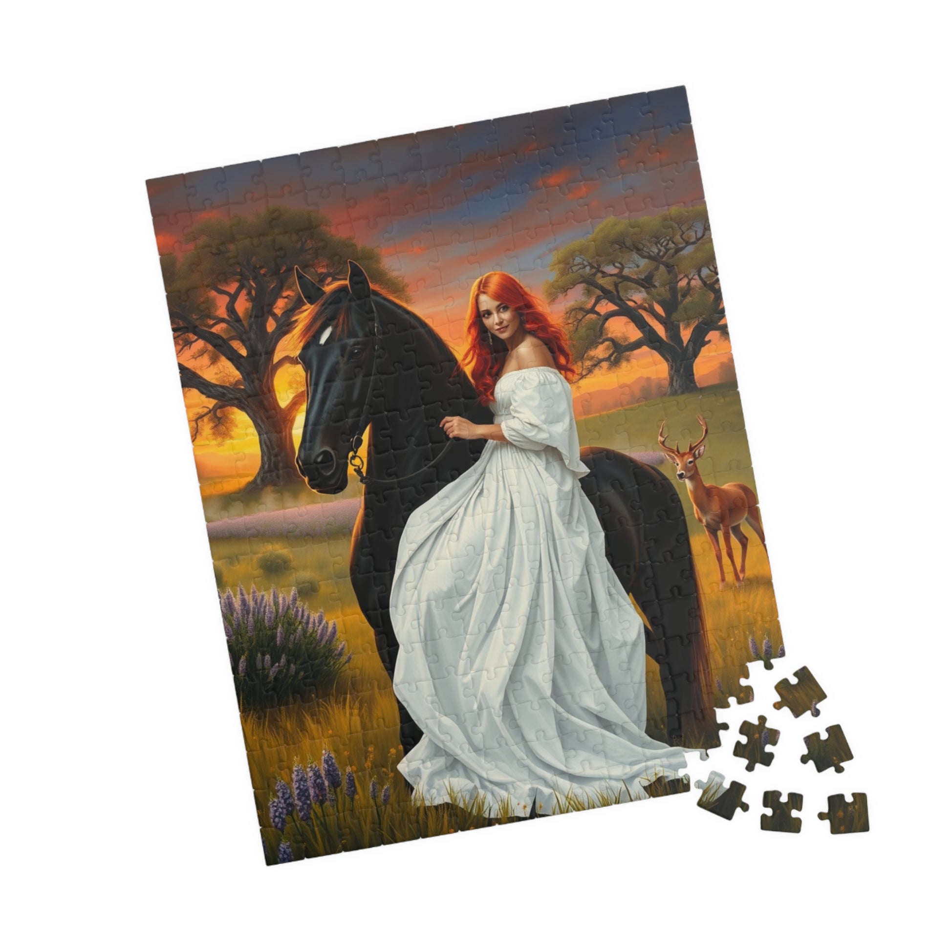 Puzzle, Woman with Vibrant Red Hair and White Flowing Dress Rides a Black Stallion, Jigsaw, Game, Brain Teaser, Activity, Relaxation, Home Puzzle The Puzzle Chest