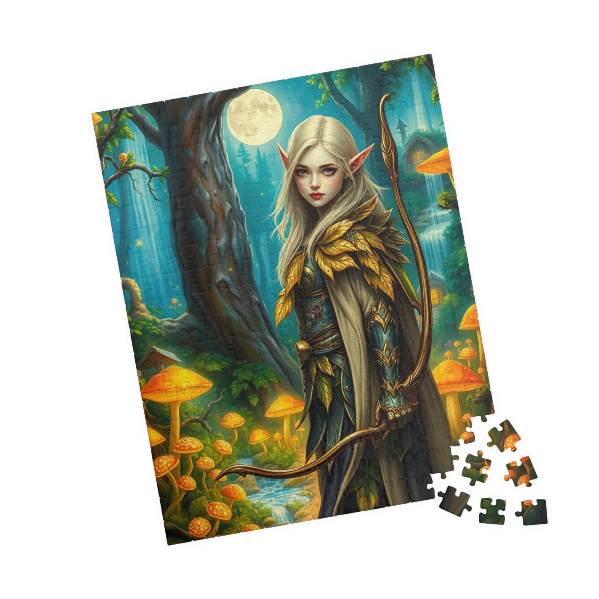 Elf Warrior Enchanted Forest Puzzle, Mystical Scene Glowing Mushrooms Moonlit Waterfalls, Fantasy Art Lover, Best Gift for Puzzle Enthusiast Puzzle The Puzzle Chest
