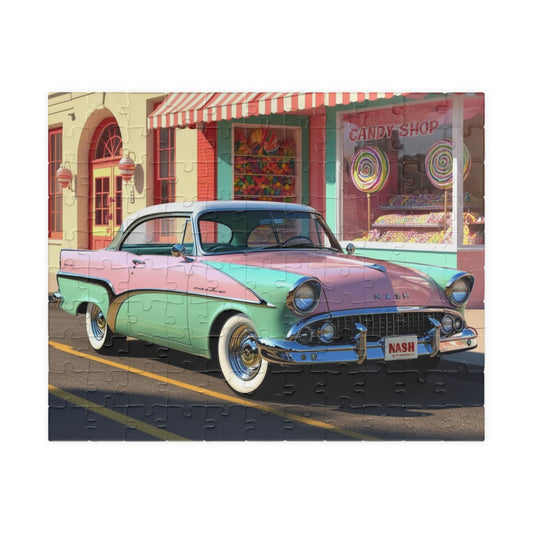 Vintage Car Puzzle - 1957 Nash Metropolitan Classic Auto Jigsaw Game, Nostalgic Candy Shop Design, Perfect Car Lover Gift, Family Activity 110 pcs (Horizontal) Puzzle The Puzzle Chest